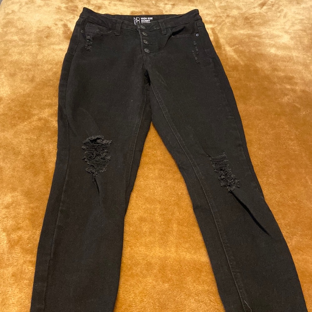 High waisted black distressed jeans